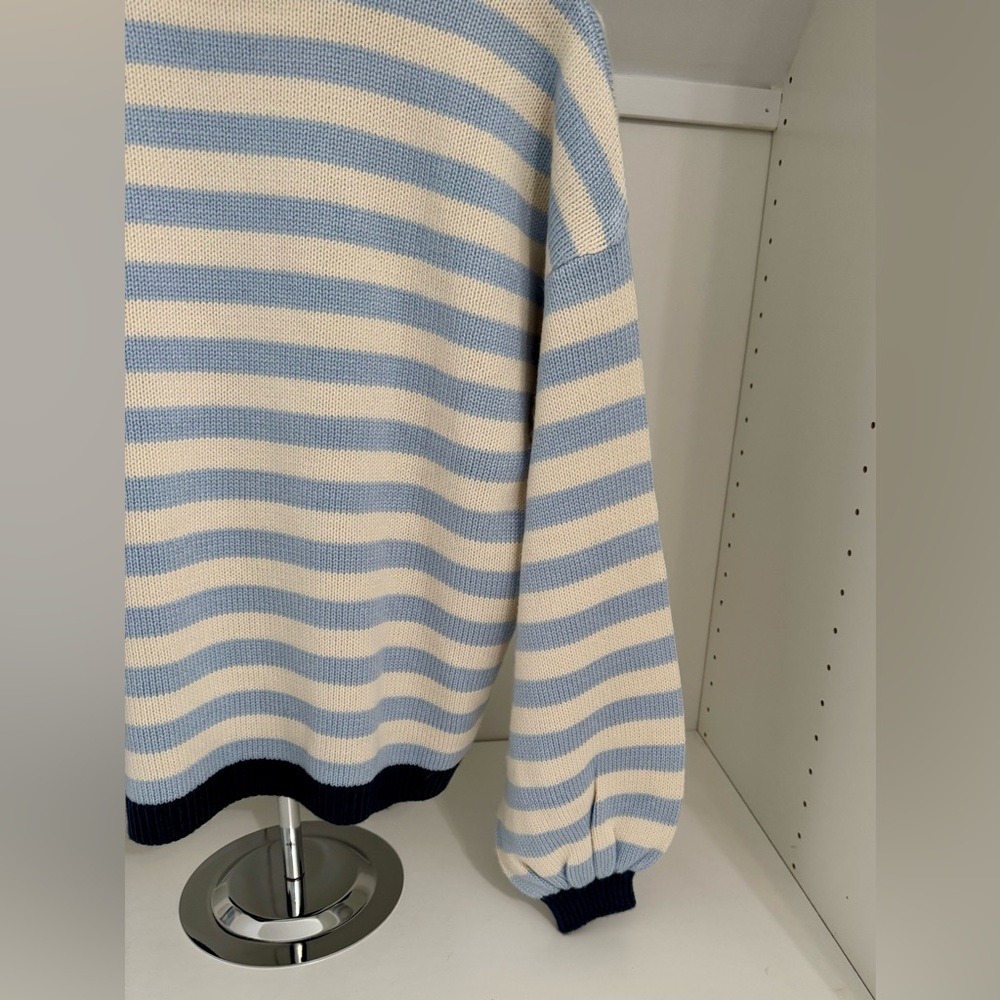 ASOS Design Knitted Sweater in Blue and Cream Stripe Balloon-Sleeve NWOT Size:XS - Picture 7 of 9